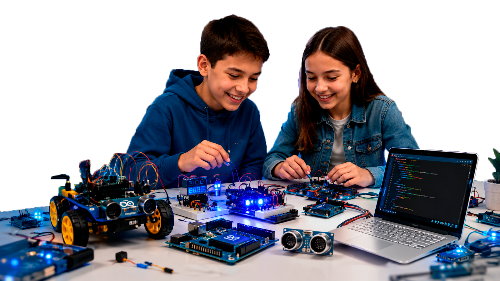 Jovenes aprendiendo robotica con Arduino, sensores y programacion